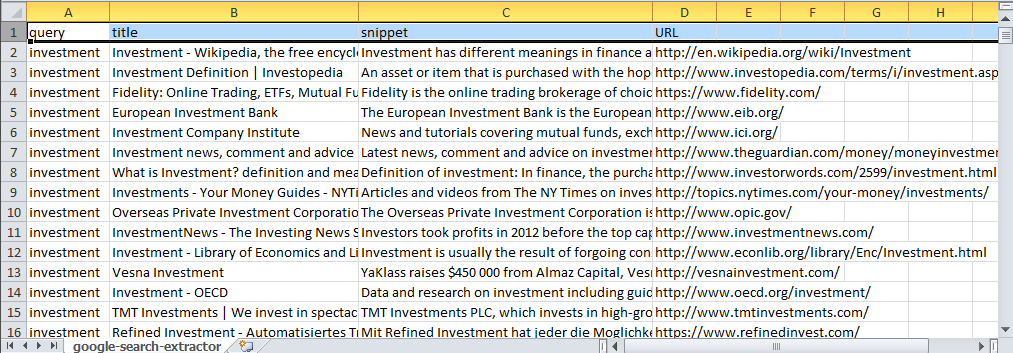 Google search results data exported to Excel