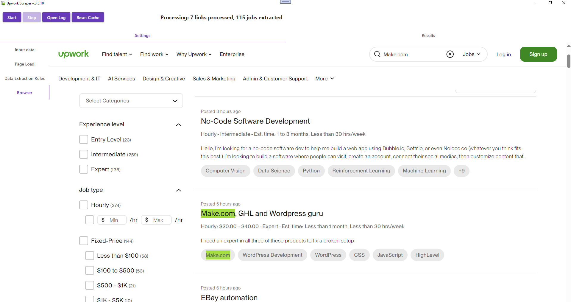 Upwork Scraper tool processing jobs