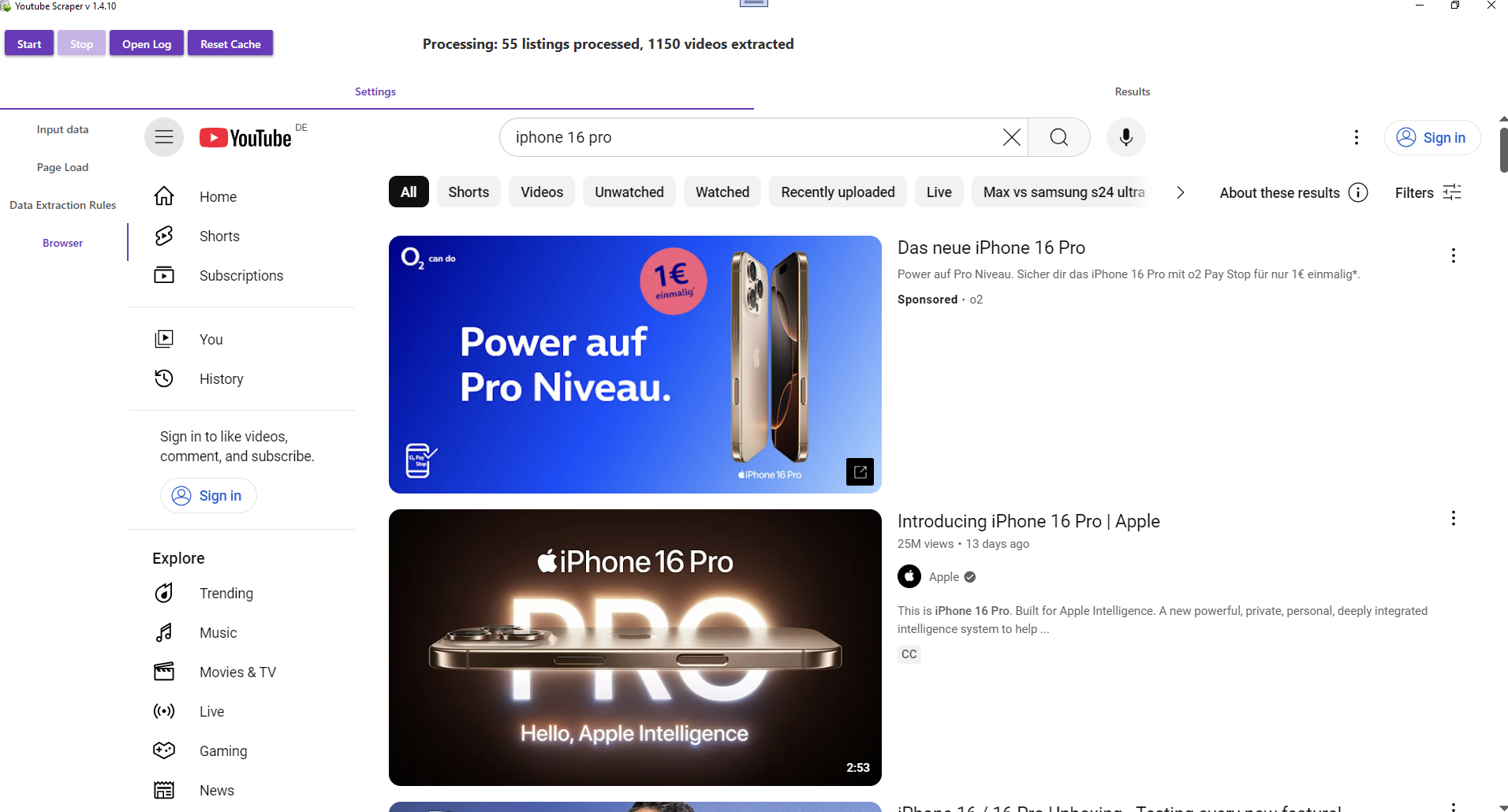 YouTube Scraper tool extracting videos